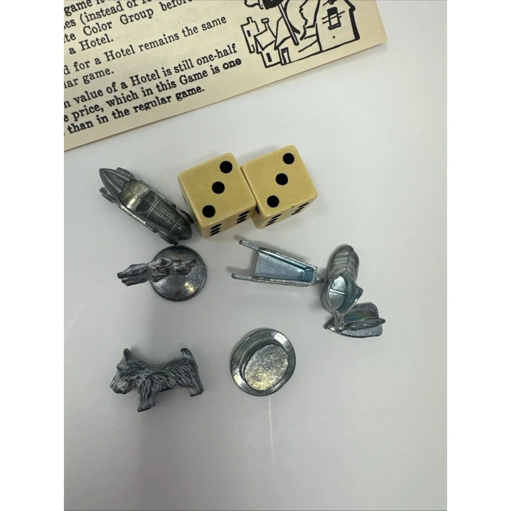 Vintage 1961 Monopoly Board Game Instructions Cream Dice 7 Pewter Game Pieces